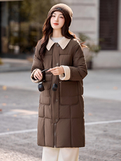 现货冬装新款简约时尚保暖休闲拼接中长款棉服棉衣外套，女装棉衣/棉服，韩美纤衣