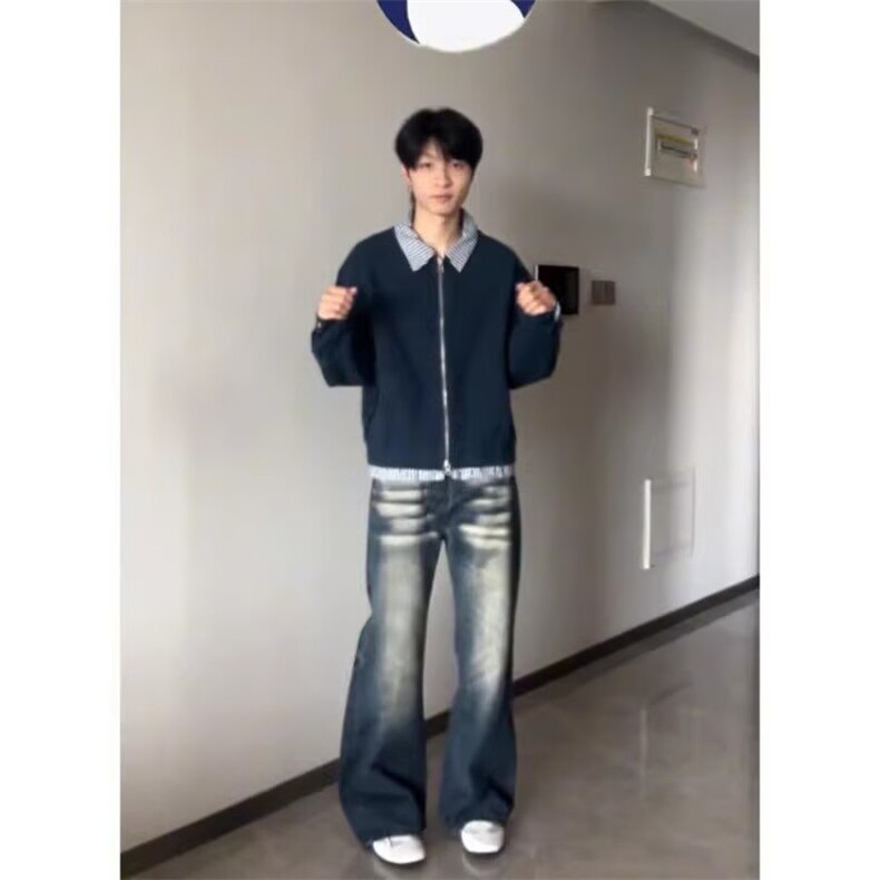 美式复古阔腿牛仔裤2025春装新款高个子高腰显瘦宽松直筒拖地裤,男装牛仔裤,星座506A