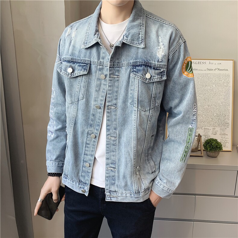 JK822-p90-限价138现货店主风牛仔夹克肥仔量足破洞印花大码，男装夹克，星座103A