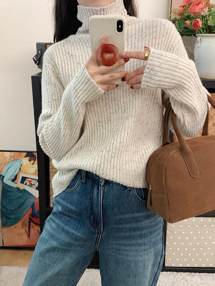 时尚女士秋冬彩点一线宽抽条高翻领羊毛衫显瘦百搭保暖针织衫,女装羊毛衫,牧思羊