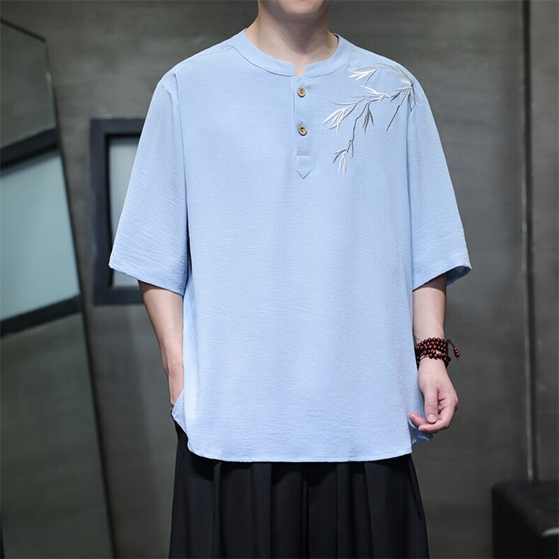 夏季冰丝立领短袖男风刺绣五分袖凉感大码垂感T恤男T812P55，男装T恤，电商A021A
