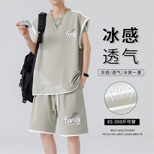 无袖背心男短袖T恤套装大码五分短裤两件套217-2-TZ07-特P50图片