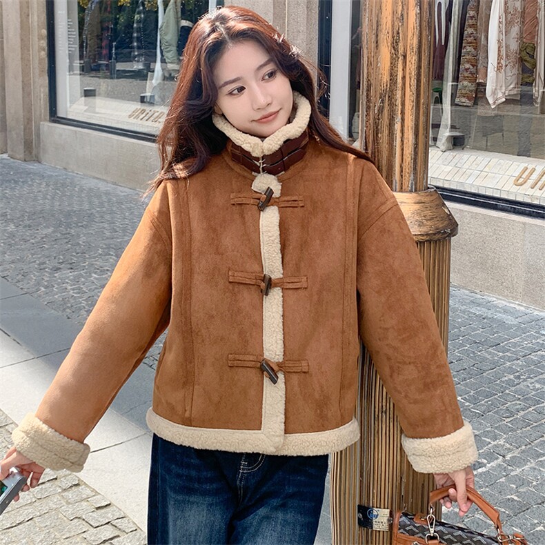 皮毛一体仿羊羔毛外套冬季2024新款小个子加厚仿麂皮绒机车服夹克,女装羊羔毛/颗粒绒,纯色衣恋
