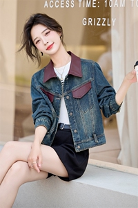 现货秋季新款韩版百搭港风复古牛仔外套女PU皮拼接夹克显瘦上衣图片
