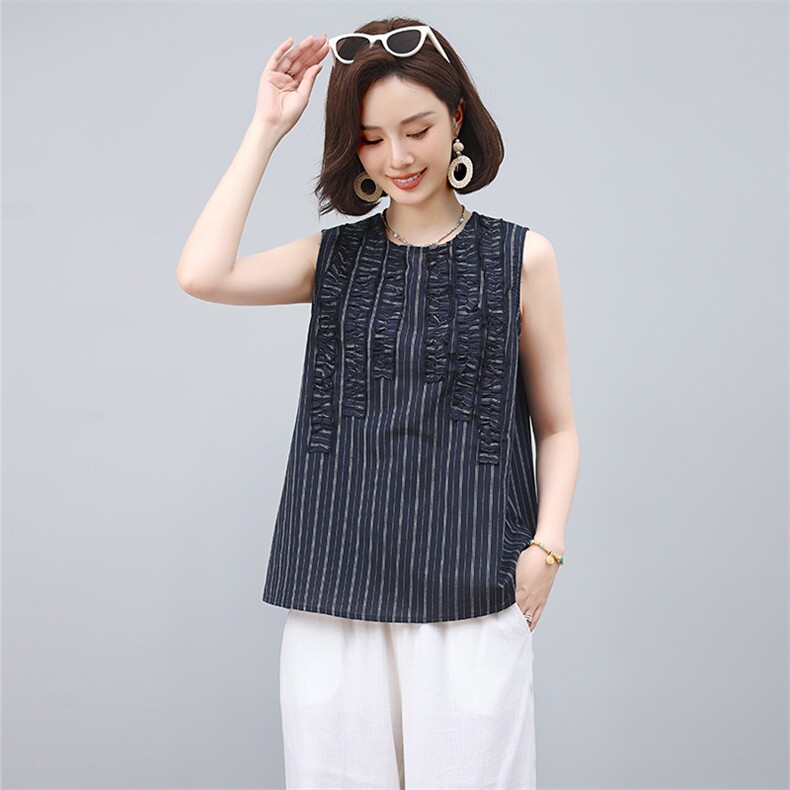 2025年夏季条纹无袖T恤休闲/淑女全棉圆领，女装T恤，小林双子