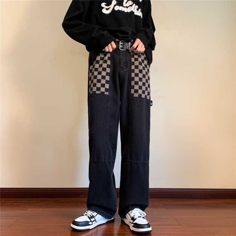 高街牛仔裤男口袋格子拼色韩版潮流2024秋冬季ins长裤RK1078-P46,男装牛仔裤,星座412-2