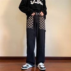 高街牛仔裤男口袋格子拼色韩版潮流2024秋冬季ins长裤RK1078-P46，男装牛仔裤，星座412-2