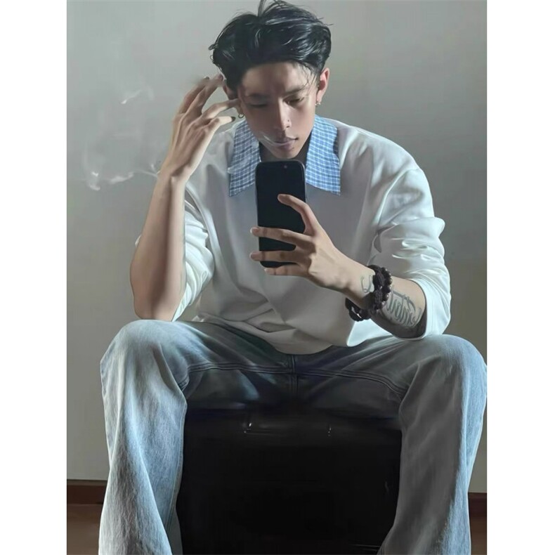 现货自制蓝色格子拼接翻领T恤长袖上衣情侣款男女CX02-TP35,男装T恤,星座910A