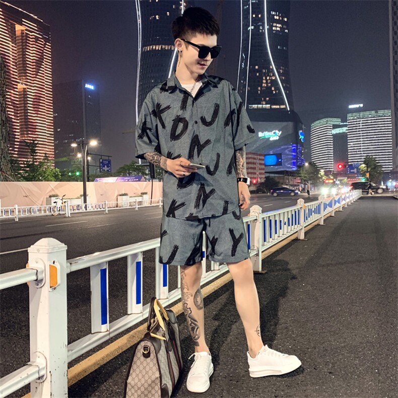 印花套装社会小伙宽松大版短裤短袖两件套A328-2073，男装套装，星座406