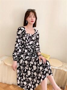 收腰碎花不规则裙摆中淑显瘦中长款韩版时尚连衣裙图片
