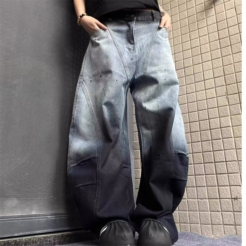 潮牌高街拼接弯刀阔腿牛仔裤男女2025秋时尚宽松显瘦高腰拖地裤,女装休闲裤,星座506A