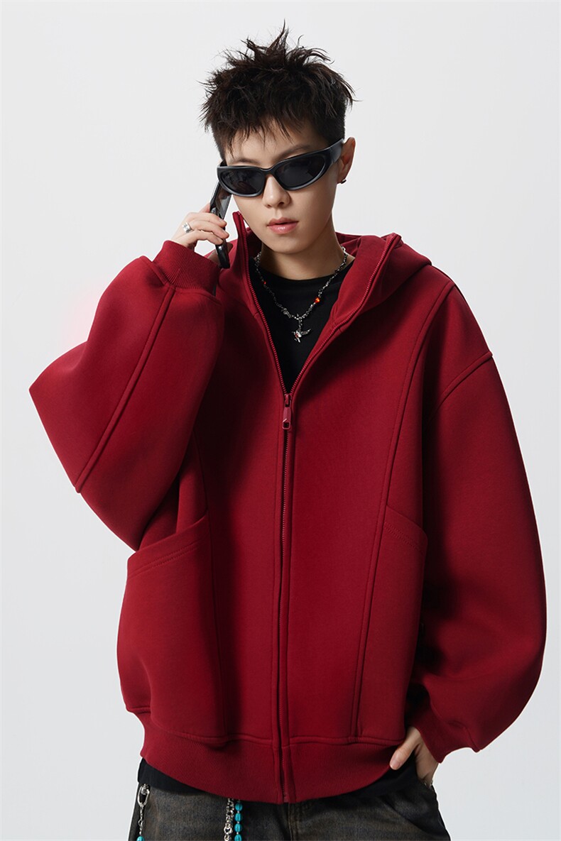 8XL-M休闲复古潮美式重磅连帽宽松安克拉红色卫衣外套WY34P8,女装短外套,电商D206-1