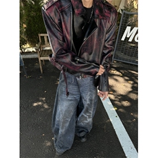 安可拉红擦色短款皮衣外套男设计感小众高级感垫肩解构机车皮夹克，男装皮衣，星座1005