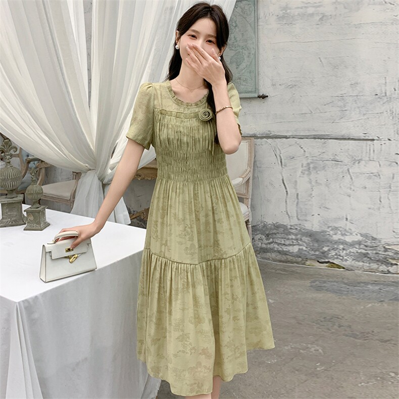 多色可选新款短袖显瘦花色仙女大摆长裙,女装连衣裙,心心服饰