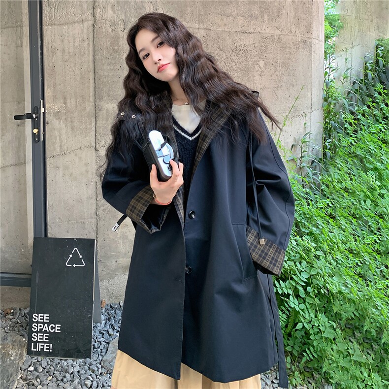 黑色韩版宽松显瘦格子拼接风衣女2025秋季新款长款简约休闲风外套,女装风衣,2C306