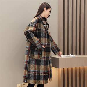 2022年冬季新款复古格纹加厚韩版呢子毛呢双排扣大衣长款外套，女装毛呢外套，霓裳依族