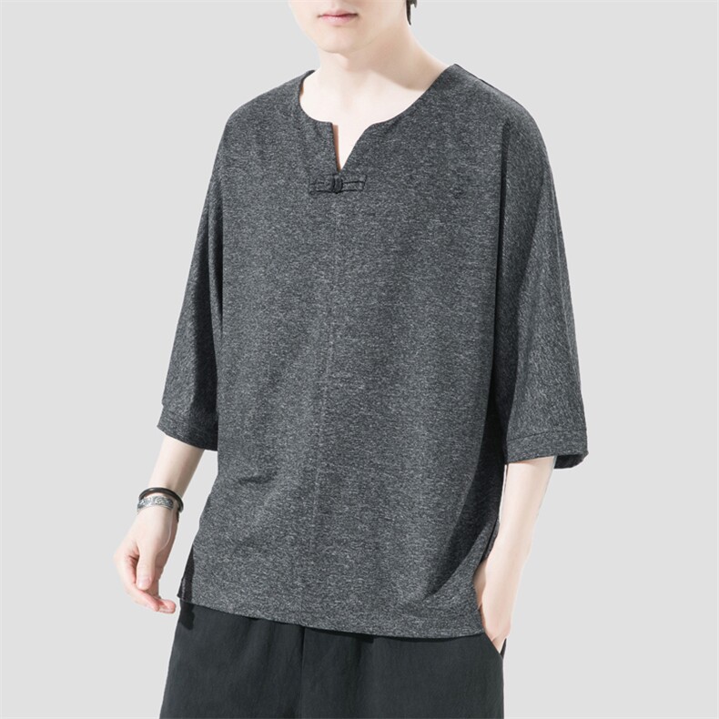 T907P48灰底高品质冰丝宽松休闲青年盘扣七分袖风T恤夏装,男装T恤,电商A026
