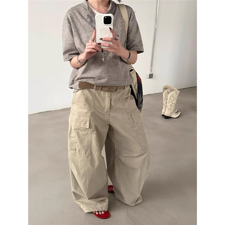 美式杏色多口袋牛仔工装裤女夏季新款设计感宽松显瘦阔腿休闲裤子,男装工装外套,星座506A
