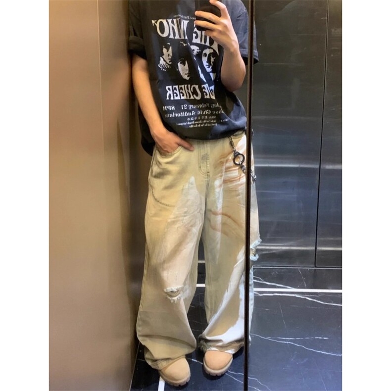 黄泥染水洗做旧破洞宽松牛仔裤废土小众直筒阔腿长裤 NZ480 特P52图片