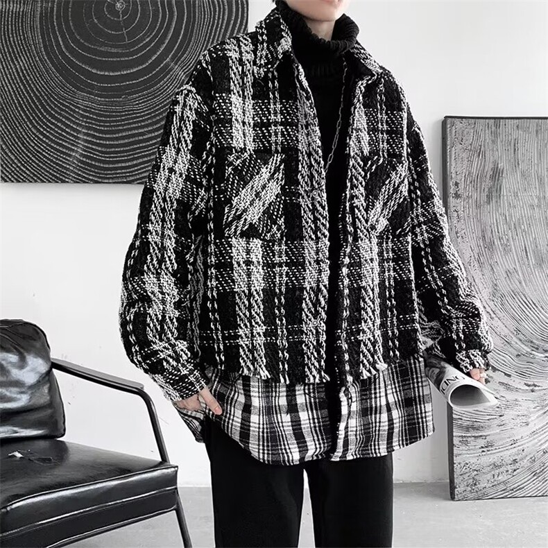 黑白格小香风外套男士小众设计假两件双层毛呢情侣夹克L7744P78,男装夹克,星座1116-2
