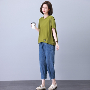 胖MM冰丝牛仔套装夏薄款宽松大码女装休闲中年妈妈装哈伦裤两件套