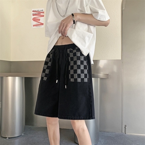 夏季设计感潮牌五分裤ins休闲中裤棋盘格牛仔短裤男 K3121-P35图片