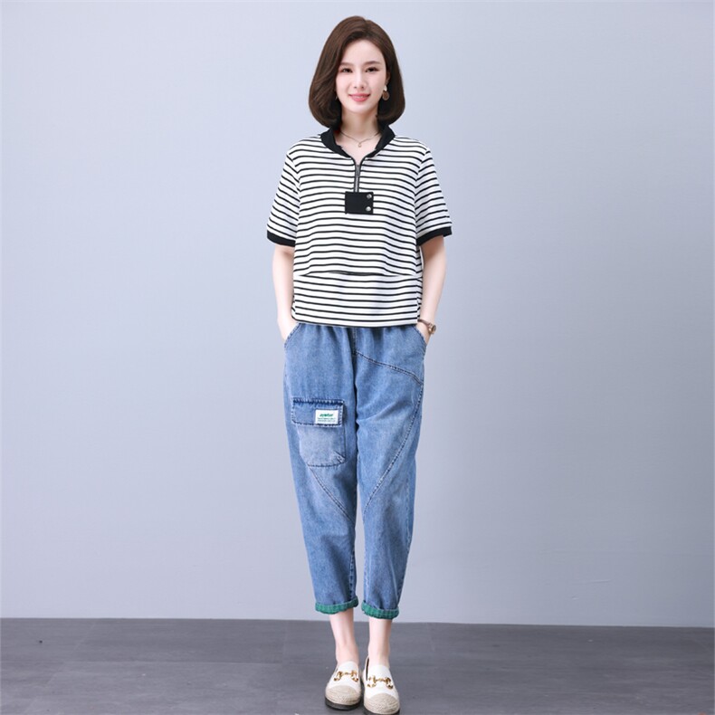 夏季T恤套装女2024年新款中年妈妈宽松时尚短袖休闲牛仔裤两件套,女装套装/套裙,叶笙衣