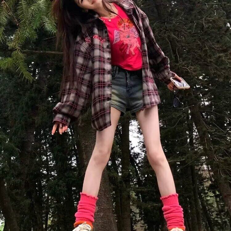 美式高街格纹衬衫男女2025春季新款字母印花情侣长袖衬衣宽松上衣,女装衬衫,星座506A