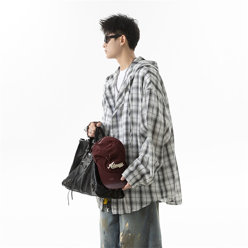 夏季连帽格子防晒衬衣男宽松美式痞帅休闲情侣长袖衬衫P50控78，男装防晒衣，星座516