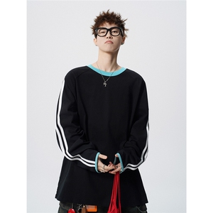 可二开美式撞色打底衫大码M-5XL条纹棉长袖T恤CT78185P45控78图片