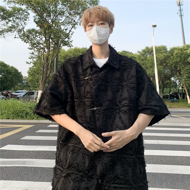 潮中式衬衫男复古风短袖夏季网红宽松上衣T恤设计感舒适百搭,男装T恤,星座716-2