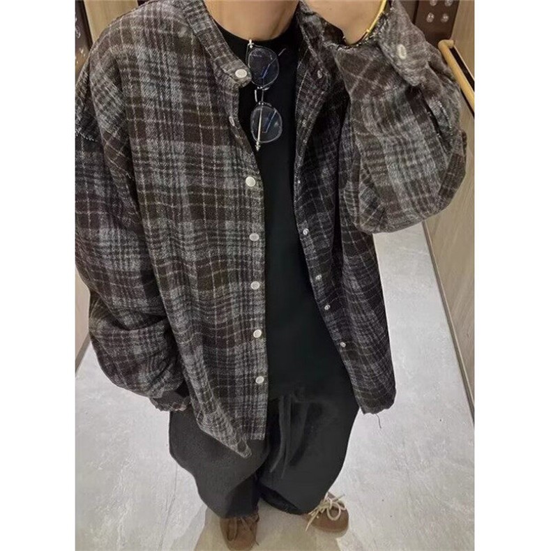 蓝咖色格子衬衫男款秋冬季格纹长袖衬衣叠穿毛呢外套CWS17,男装衬衫,星座1116A（原606A-3）