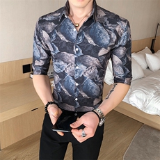235-P552025新款英伦韩版中袖衬衫男个性帅气青年印花衬衣，男装衬衫，星座312A-5