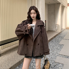 咖色麂皮绒短款风衣外套女2025秋新款韩系复古宽松小个子廓形大衣，女装短外套，浙宝276（原081）