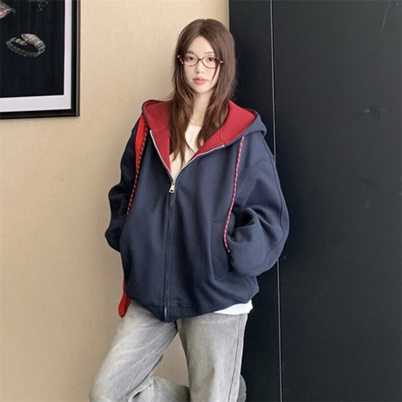 抖音得物二开美式高街重磅结构双层撞色连帽卫衣开衫外套W116,男装卫衣,电商A486