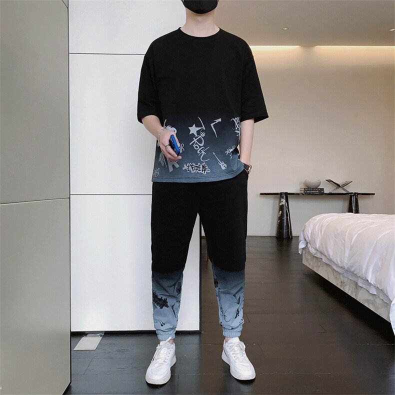 夏季短袖T恤套装青少年休闲宽松潮流两件套男装两件套F308P68图片
