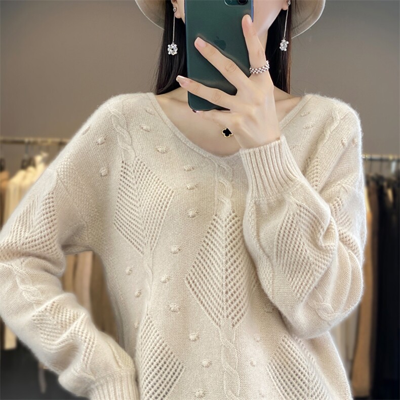 25新款100%纯羊毛衫女V领镂空提花宽松针织衫显瘦羊绒衫打底毛衣,女装羊毛衫,迅太羊绒