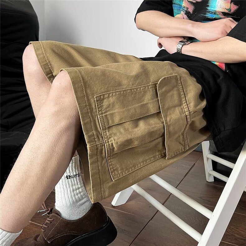 短裤男夏季潮流卡其色工装宽松五分裤休闲直筒纯棉裤子K6183X-P34，男装棉裤，星座412-2