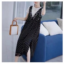 法式小裙子夏季2021年大码女装新款圆领蕾丝拼接波点减龄显瘦长裙，女装连衣裙，潮品会