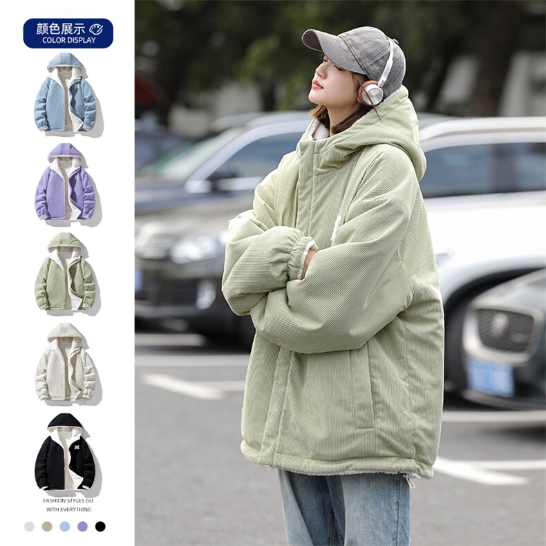 灯芯绒两面穿棉服男女羊羔毛棉衣外套冬季加厚棉袄M0811-P120图片