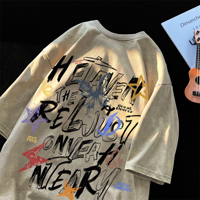 2025新款字母清新高街潮大码青少年水洗短袖XZ517A-3-AQ002T-P38，男装T恤，星座517A-3