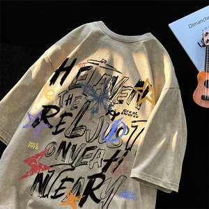 2025新款字母清新高街潮大码青少年水洗短袖XZ517A-3-AQ002T-P38,男装T恤,星座517A-3