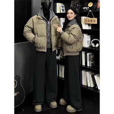 现货高品质重磅工艺美式高街假两件PU皮棉衣男女加厚棉服外套，男装棉衣，电商A486-1