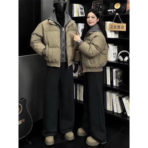 现货高品质重磅工艺美式高街假两件PU皮棉衣男女加厚棉服外套