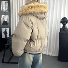 现货三防重磅硬挺boxy短款羽绒棉衣座山雕大毛毛领PU皮棉服外套冬，男装棉衣，电商A443