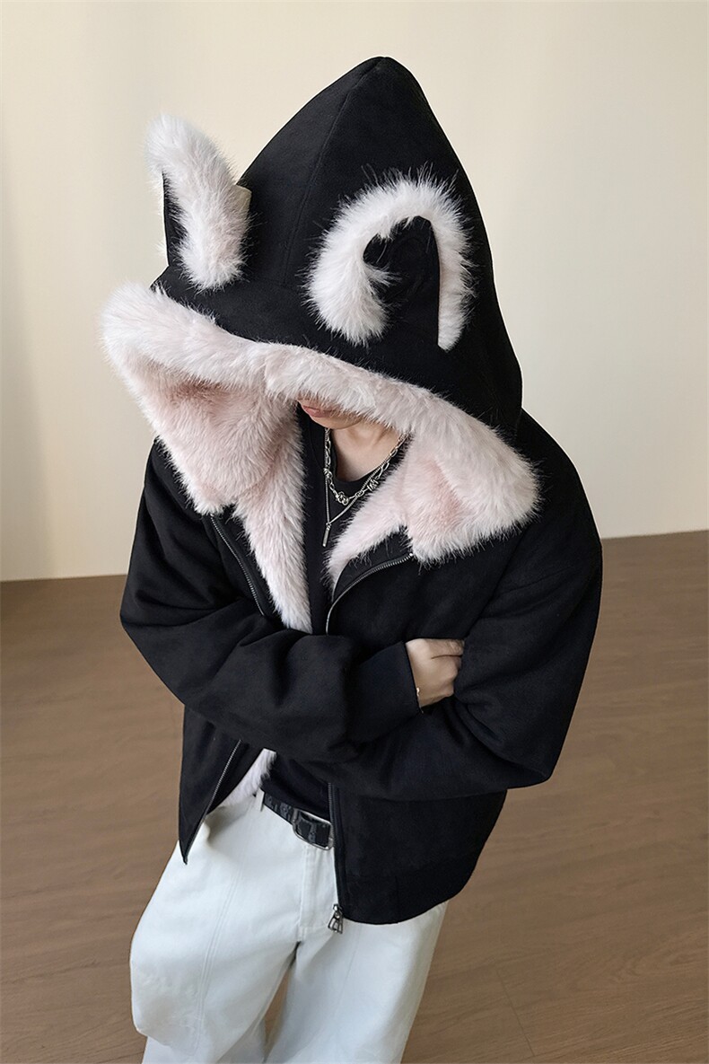 羊羔绒兔耳朵连帽棉服男款冬季加绒加厚高级感情侣座山雕棉衣外套,男装棉衣,电商A102