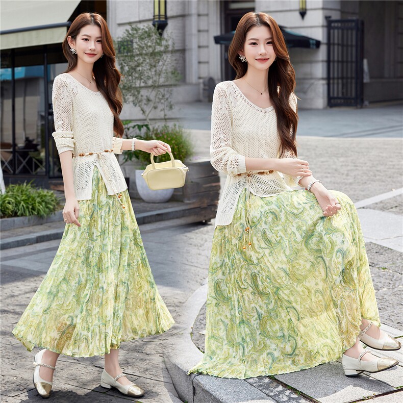 现货2026时尚气质女新款潮流针织衫毛衣褶皱修身显瘦半身裙两件套，女装套装/套裙，艾贝斯