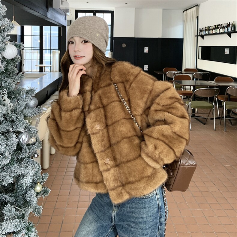 现货210-7705-P185-K268高端仿水貂立领皮毛一体外套女士,女装羊羔毛/颗粒绒,韩蜜菓