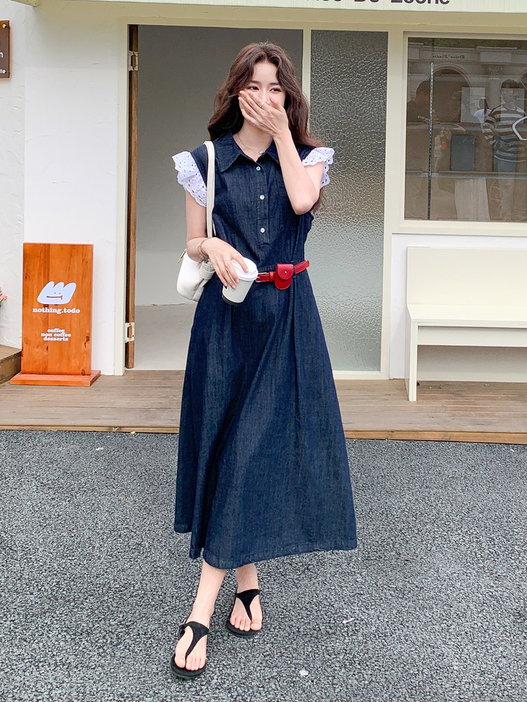 蓝色牛仔翻领连衣裙女2025年夏季新款时尚独特绝美收腰显瘦长裙子,女装连衣裙,慧尚依恋