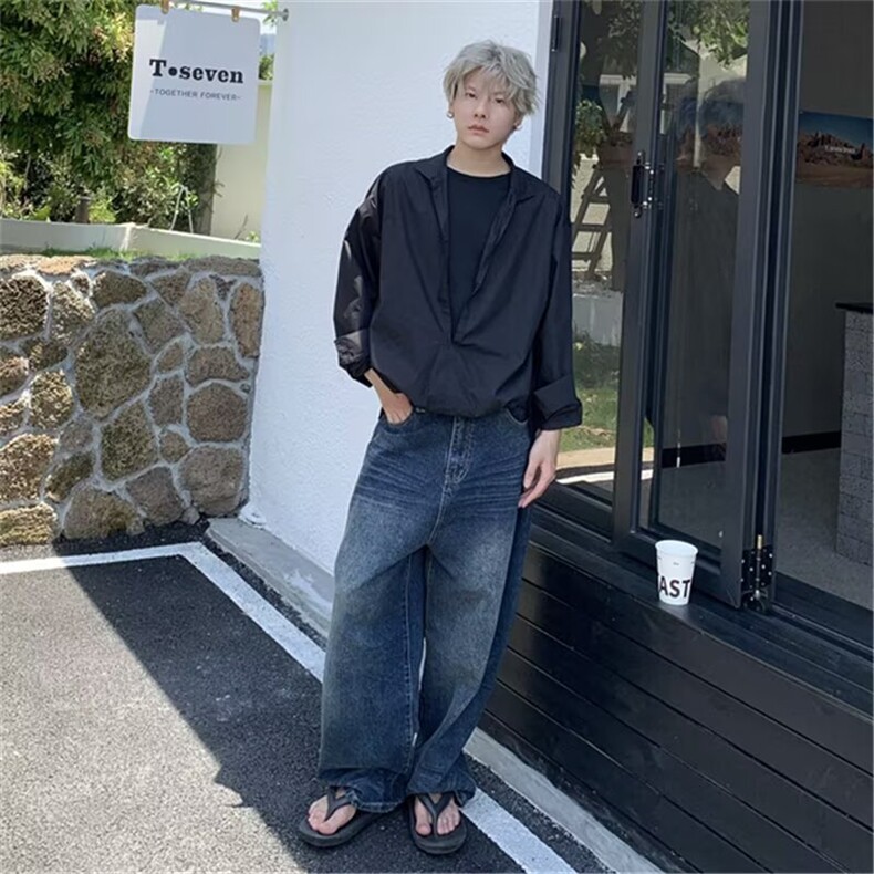 潮流气质新款百搭原宿冰丝假二件长袖衬衫流行文艺简约慵懒ins,男装衬衫,星座506A